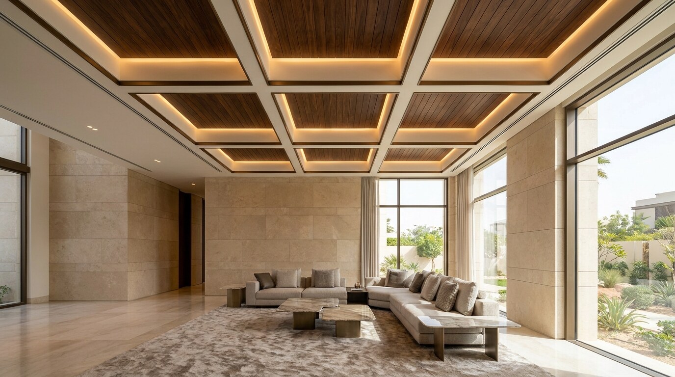 Luxury Villa Ceiling Design in Dubai: Coffers, Timber Boards, and Hidden LED Geometry visual reference 1 showing double height Dubai villa living room with coffered ceiling and hidden linear LED geometry