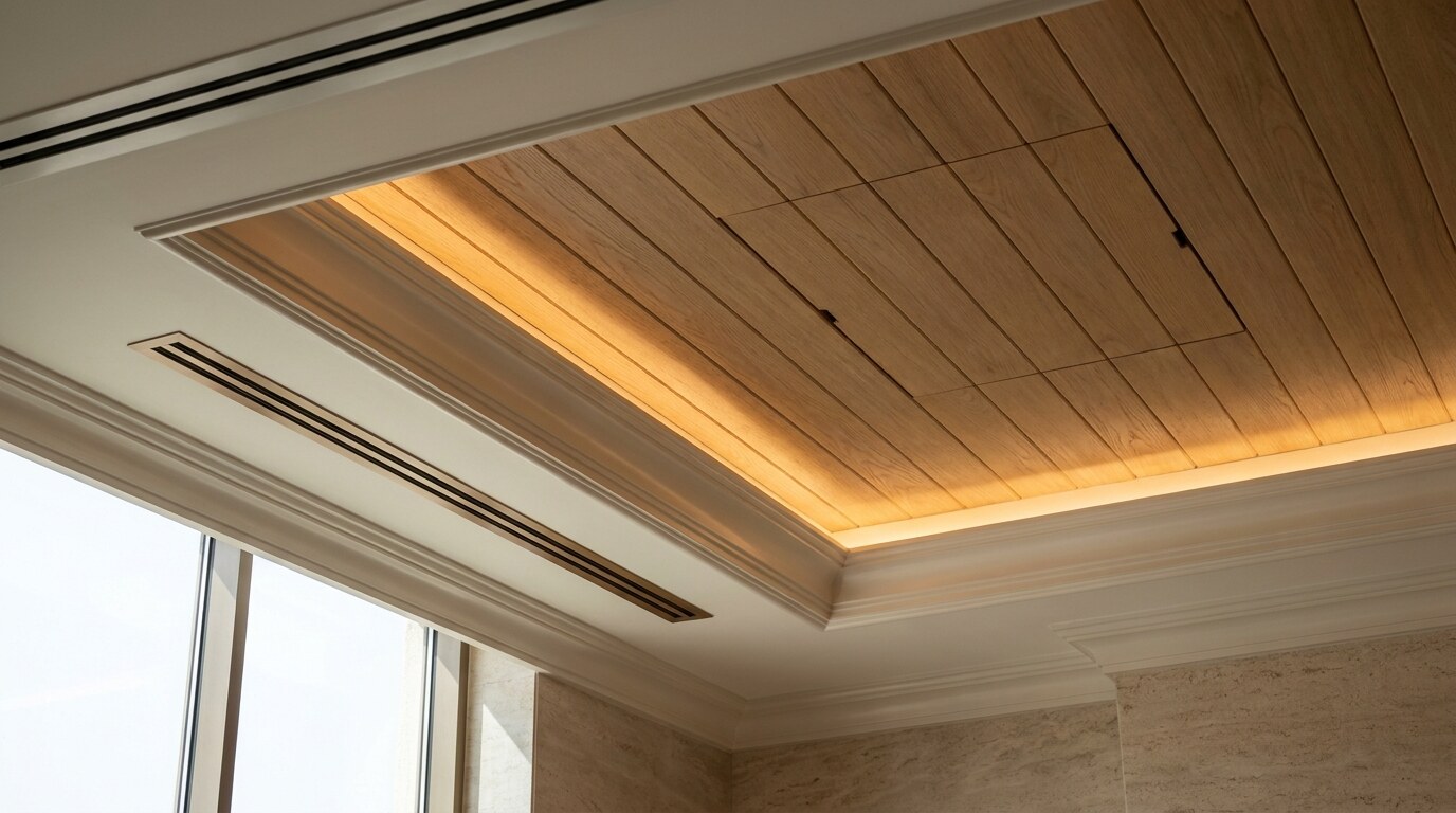 Luxury Villa Ceiling Design in Dubai: Coffers, Timber Boards, and Hidden LED Geometry visual reference 2 showing ceiling section detail showing LED cove, AC slot diffuser, timber boards, and access panel